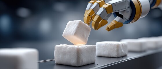 Blue and yellow robotic arm moves cheese blocks on food production line in industrial setting during daytime