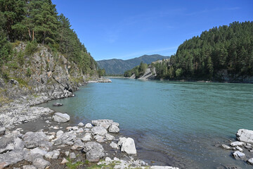 Katun River meanders among the Altai Mountains, Russia