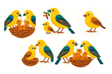 Fototapeta premium Bright yellow birds engaging in family activities around their nest in a lush environment during the day
