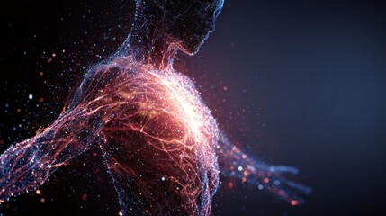 Digital energy flows: An artistic representation of the human form, rendered in a dynamic and vibrant display of digital particles and energy.