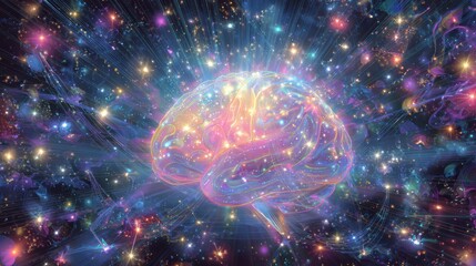 Brain's Cosmic Symphony: A mesmerizing display of neural activity in a human brain, exploding with vibrant energy and cosmic elements, symbolizing intelligence, creativity, and boundless thought.