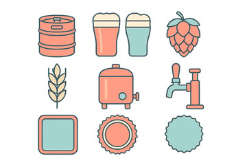 Unique icons representing beer brewing process with kegs, glasses, hops, and brewing equipment displayed in a creative layout