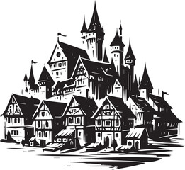 Obraz premium Black and White Sumi-e Illustration of a Medieval European Towns