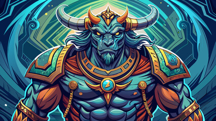 Fototapeta premium Very beautiful depiction of a bull-headed warrior creature from ancient legends, showing muscular anatomy, labyrinth symbolism, dynamic stance, and clean vector lines ideal for fantasy illustrations 