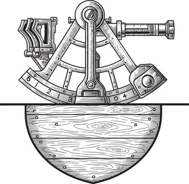 Sextant illustration on woodcut style portraying nautical precis