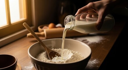 A person pouring milk into a bowl of flour to prepare dough. The process of baking from scratch with fresh ingredients in a rustic kitchen