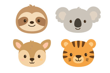 Cute animal cartoon heads including a sloth, koala, deer, and tiger in a fun, playful style suitable for children's illustrations