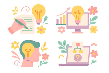 Set of concepts illustrating business strategy, idea development, problem solving, data analysis, and creative thinking