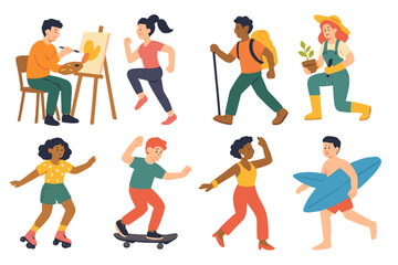 Happy young adults pursuing diverse hobbies including painting, running, hiking, and surfing set