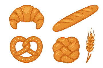 Freshly baked goods set including croissant, baguette, pretzel, and braided bread with wheat stalk © icon_art