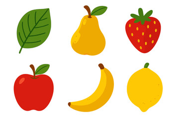 Assortment of fresh healthy fruit stickers including banana, strawberry, pear, and lemon