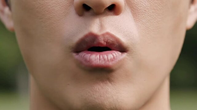 Close Up Of Man	S Mouth Puckered For A Kiss Outdoors Natural Light Soft Focus Greenery Background Casual Style