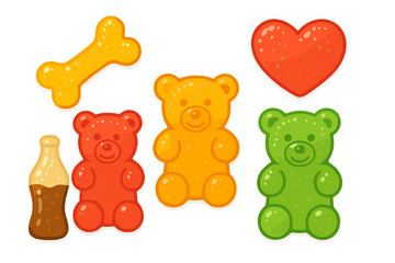 Colorful assortment of sweet gummy candies including bears, heart, bone, and soda bottle shapes
