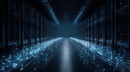 Data Center Corridor: Experience the digital symphony within a server room corridor, a dynamic portrayal of data flow, illuminated by electric blue.
