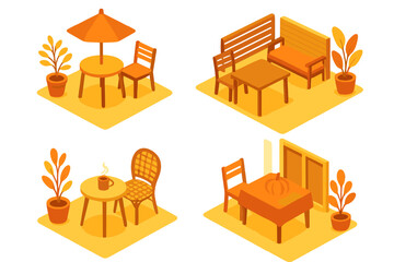 Isometric autumn furniture arrangements for cafe, patio, and indoor dining scenes