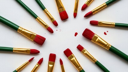 Artistic arrangement of various paintbrushes with red tips on a white background.