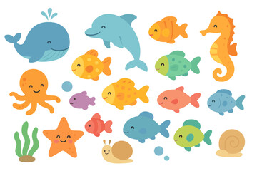 Colorful sea creatures in a cheerful underwater scene bring joy to aquatic life