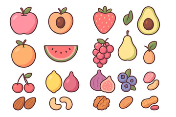 Large assortment of colorful fruits and nuts icons set on a clean white background