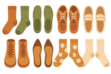 Collection of various shoes, boots, loafers, sneakers, insoles, and patterned socks in earthy colors