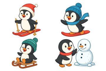 Four happy cartoon penguins enjoying winter sports and building a snowman