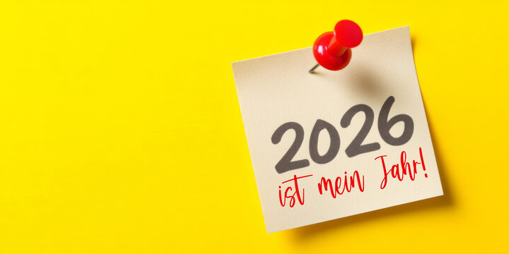 Silvester Neujahr Gru&szlig;karte, Karte mit deutschem Text - Notizzettel mit Rei&szlig;nagel und Text: 2026 ist mein Jahr, isoliert auf gelbem Hintergrund