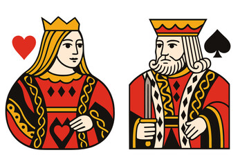 Royal playing cards featuring queen of hearts and king of spades in a colorful design