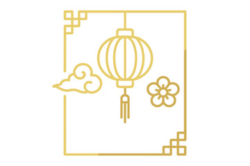 Traditional Asian frame design featuring a hanging lantern, auspicious cloud, and plum blossom