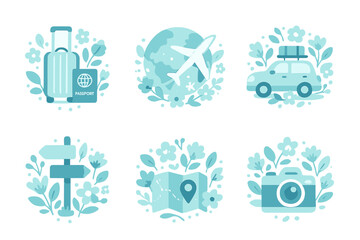 Travel essentials icons including luggage, passport, airplane, car, map, and camera in floral design