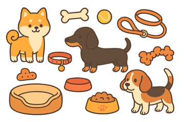 Cute cartoon dogs and pet accessories in playful design on a white background