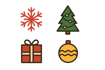 Festive winter holiday icons set with snowflake, Christmas tree, gift, and ornament