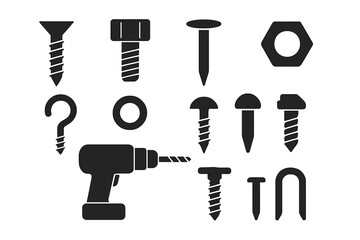 Collection of various tools and fasteners displayed on a plain background featuring screws, bolts, and a drill