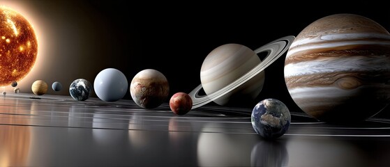 3d rendering of solar system showing planets orbiting the sun with glow and rings visible in dark space background
