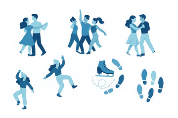 Monochromatic blue icons of winter activities including ice skating, dancing, and track marks