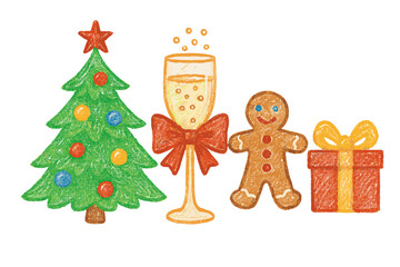 Festive Christmas and New Year celebration objects: decorated tree, champagne, cookie, and gift