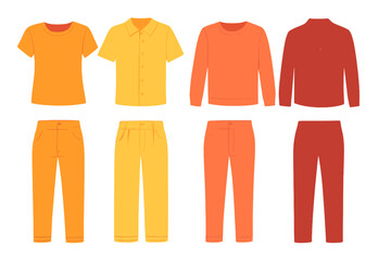 Bright collection of casual clothing in shades of yellow and orange displayed on a white background with varying styles and sizes