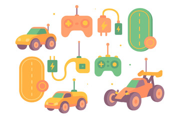 Colorful collection of toy cars and remote controls set against a playful backdrop