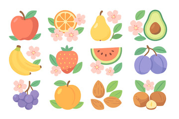 Colorful collection of fruits with flowers in a friendly and playful design for fun decor or educational materials