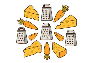 Colorful cheese and carrot illustrations surrounded by kitchen graters in a fun design