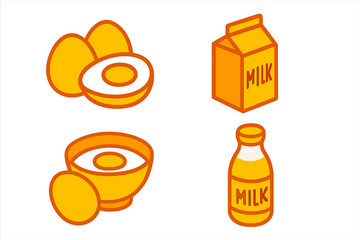 Breakfast ingredients displayed with eggs and milk in simple illustrations for a fun morning vibe