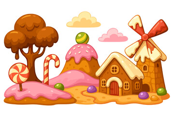 Whimsical gingerbread house and candy windmill in a sweet fantasy landscape