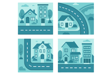 Colorful illustrations of houses and roads create a vibrant neighborhood scene with various architectural styles and landscapes