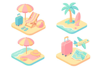 Colorful beach scene with umbrellas, surfboards, and travel items in a vibrant summer setting