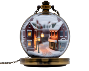 Cozy Miniature Snowy Village Inside Vintage Pocket Watch Globe, isolated on white background.