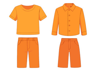 Naklejka premium Bright orange casual apparel collection featuring t-shirt, collared shirt, and shorts