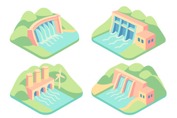 Fototapeta premium Isometric hydroelectric dams and renewable energy power plants generating electricity