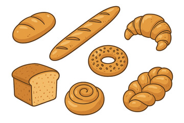 Variety of baked goods including loaves, croissants, and doughnuts on a white background