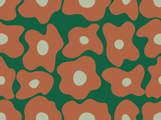 Abstract stylized flowers with rounded petals in terracotta and sage green, seamless pattern