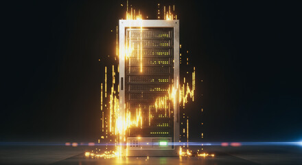 Illuminated server cabinet showcasing data flow amidst an aura of technological prowess.
