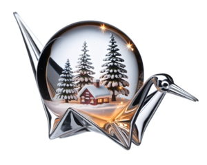 Metallic Origami Crane Sculpture with Snowy Christmas Globe, isolated on white background.