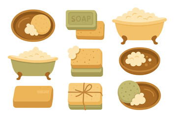 Fun and colorful collection of bath essentials including soap, sponges, and bubbles